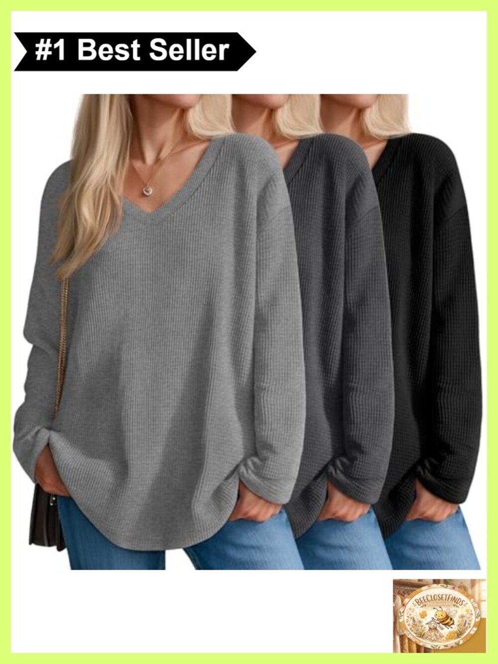 3 Pack Waffle Knit V Neck Long Sleeve Oversized Sweatshirt Tops
